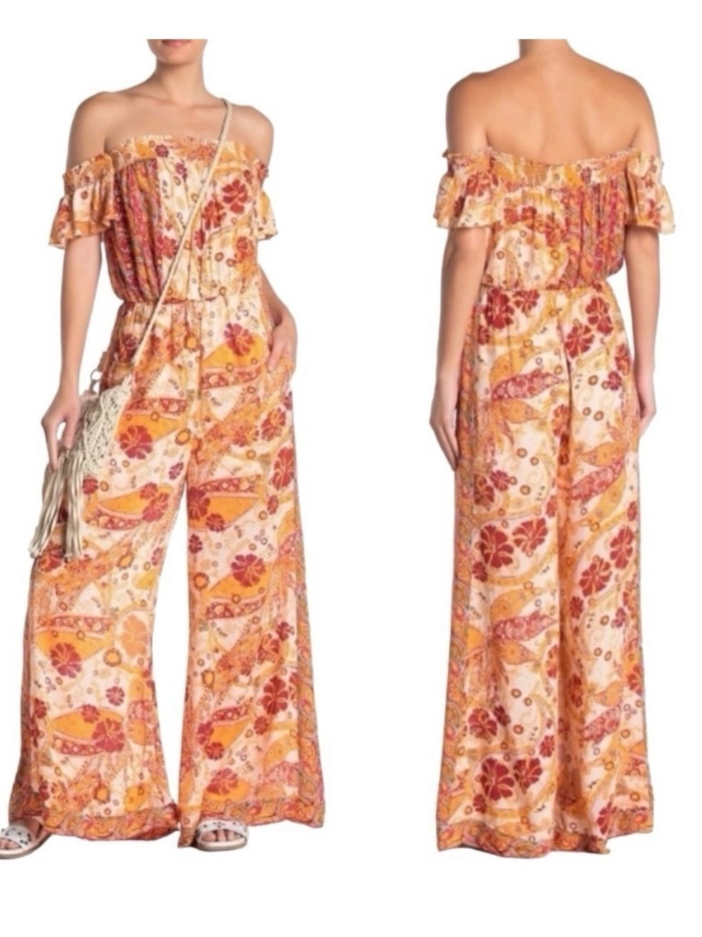 Free People Off-Shoulder Floral Print Wide-Leg Jumpsuit in Orange and Cream